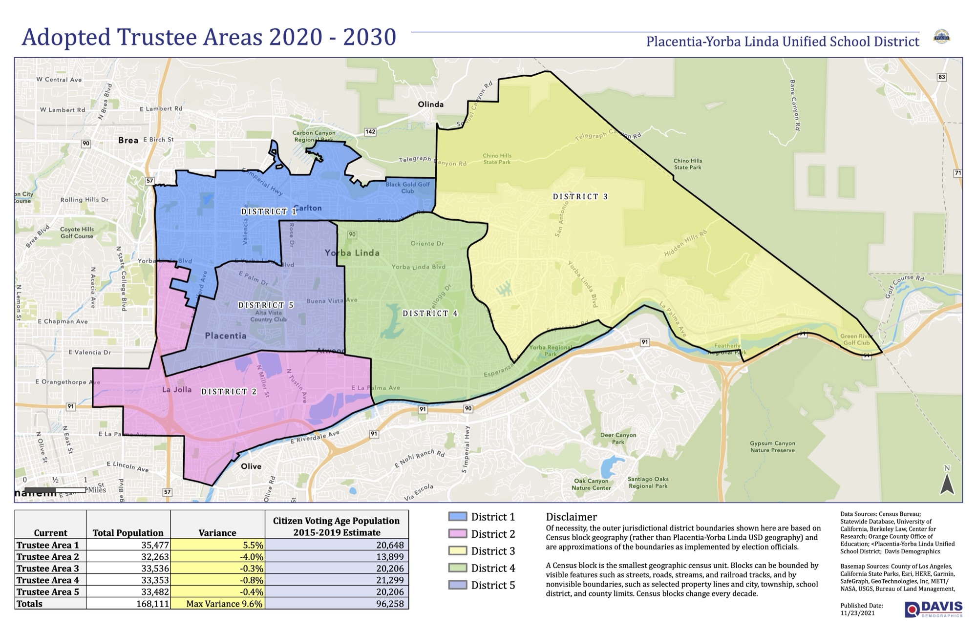 Official PYLUSD adopted trustee areas map, 2020–2030, showing Trustee Areas 1–5 across Placentia, Yorba Linda, Brea, and surrounding neighborhoods